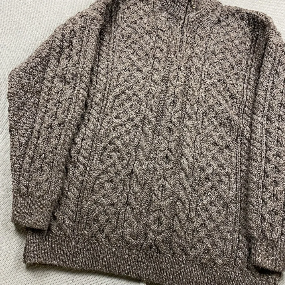 Orvis Sweater Mens XL Ireland 100% Wool 1/4 Zip Brown Cable Knit Fisherman Heavy